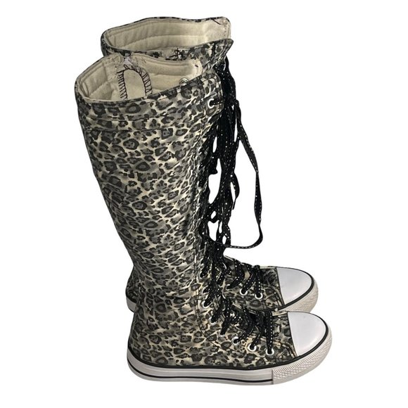 Mengsai Boots Girls Size 2 leopard Print Sneakers Mid Knee High Canvas - Picture 3 of 8